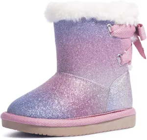 KRABOR Toddlers/Little Girls Boots,Glitter Warm Winter Snow Shoes with Cotton Lining and Cute Bow