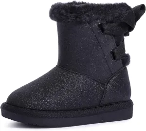 KRABOR Toddlers/Little Girls Boots,Glitter Warm Winter Snow Shoes with Cotton Lining and Cute Bow