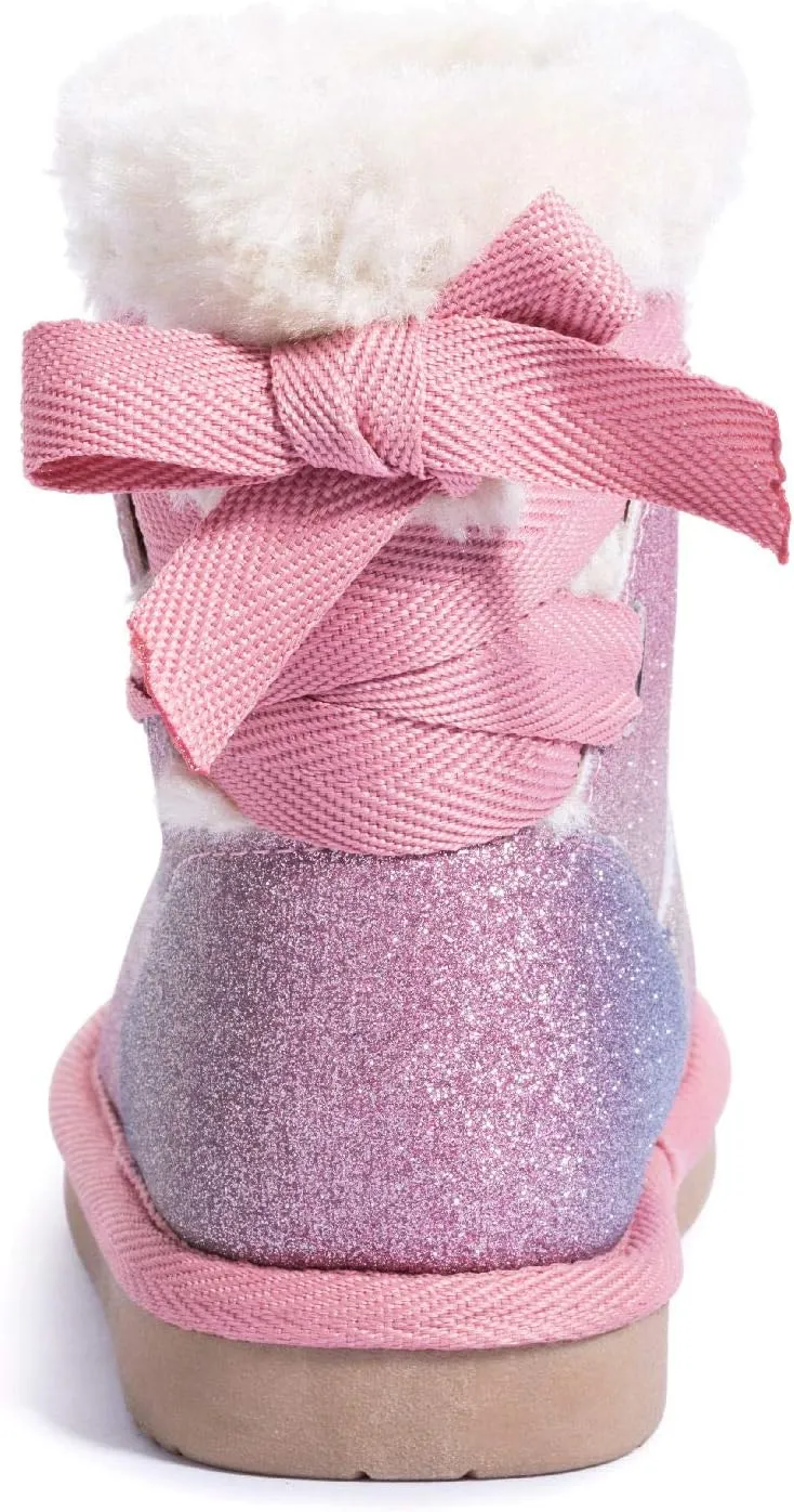 KRABOR Toddlers/Little Girls Boots,Glitter Warm Winter Snow Shoes with Cotton Lining and Cute Bow
