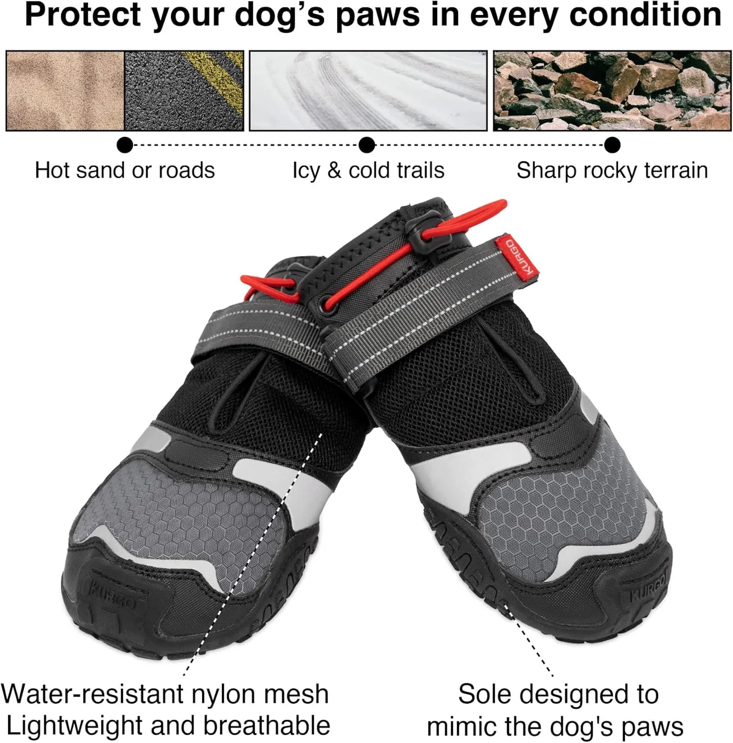 Kurgo Blaze Cross Dog Shoes - Winter Boots for Dogs, All Season Paw Protectors - for Hot Pavement and Snow - Water Resistant, Reflective, No Slip - Includes 2 Shoes - Chili Red/Black - XL