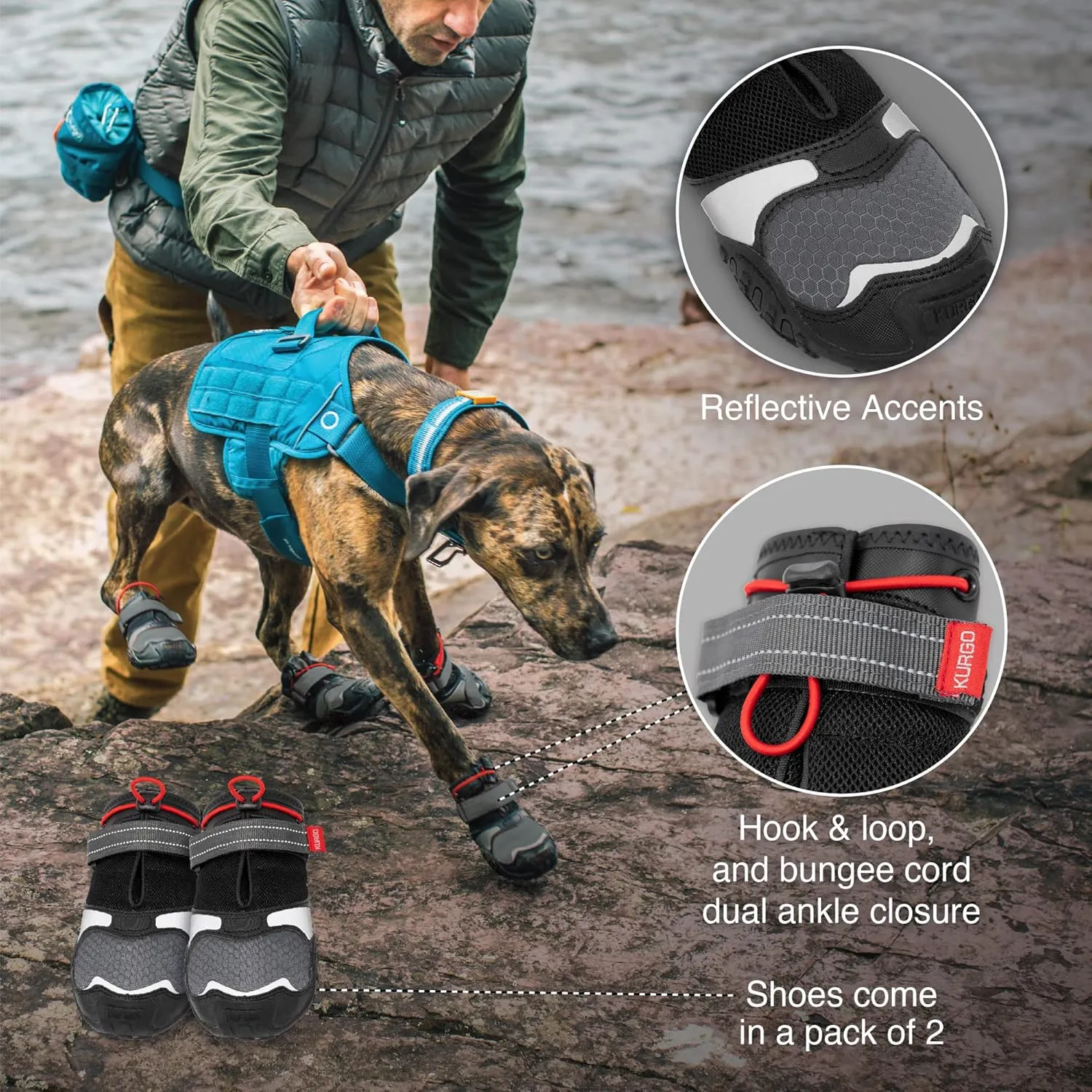 Kurgo Blaze Cross Dog Shoes - Winter Boots for Dogs, All Season Paw Protectors - for Hot Pavement and Snow - Water Resistant, Reflective, No Slip - Includes 2 Shoes - Chili Red/Black - XL