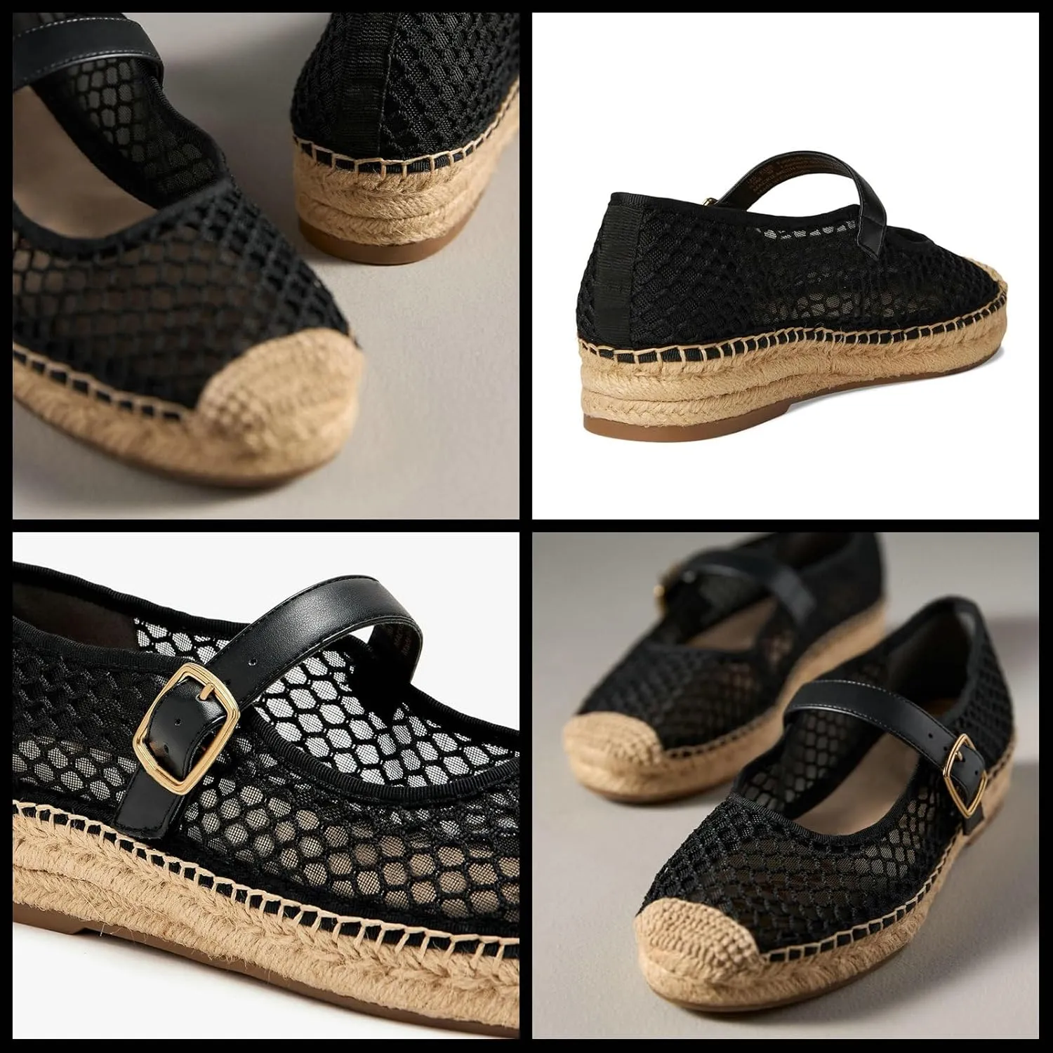 KysBloes Woven Platform Mary Janes Espadrille Flats for Women Wegde Mesh Ballet Flats Fishnet Buckle Strap Pumps Raffia Ballerina Shoes