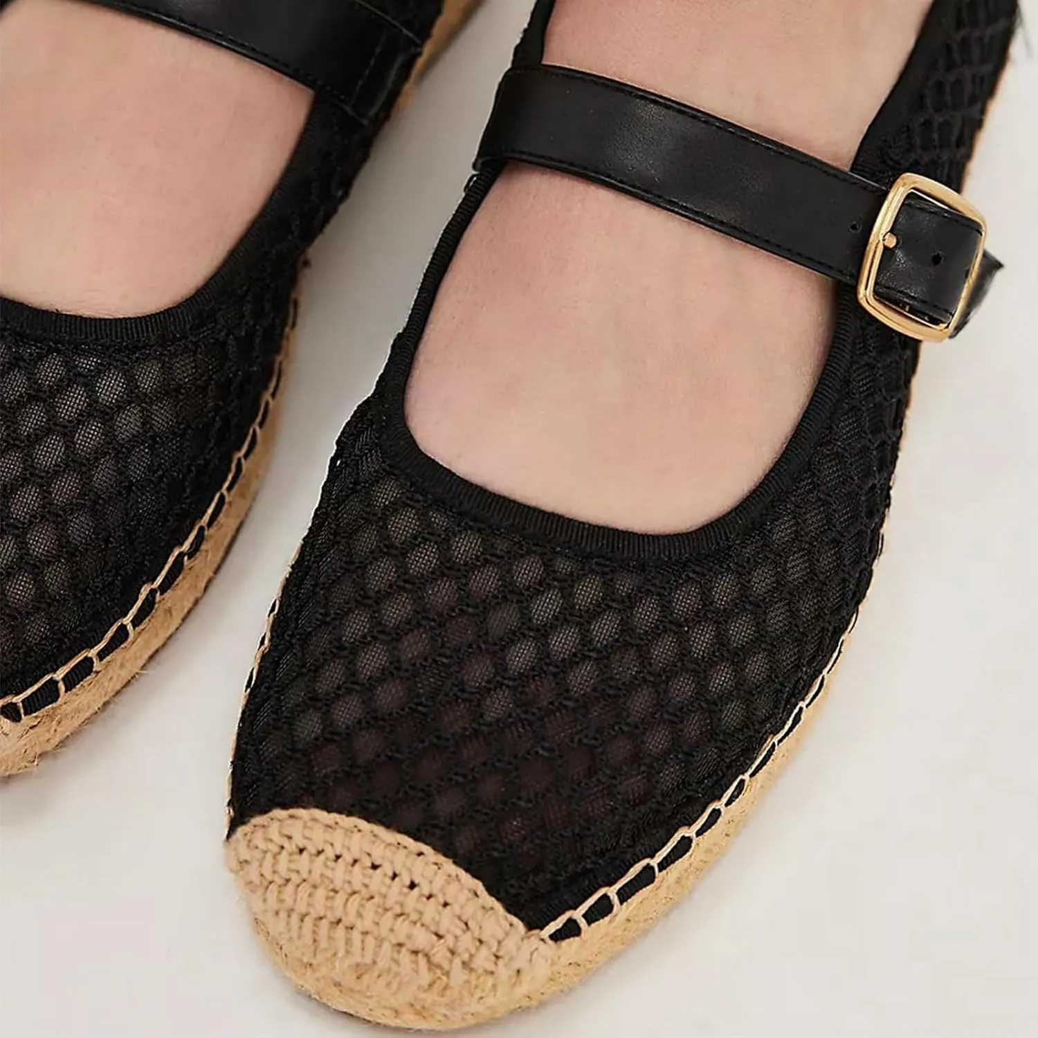 KysBloes Woven Platform Mary Janes Espadrille Flats for Women Wegde Mesh Ballet Flats Fishnet Buckle Strap Pumps Raffia Ballerina Shoes