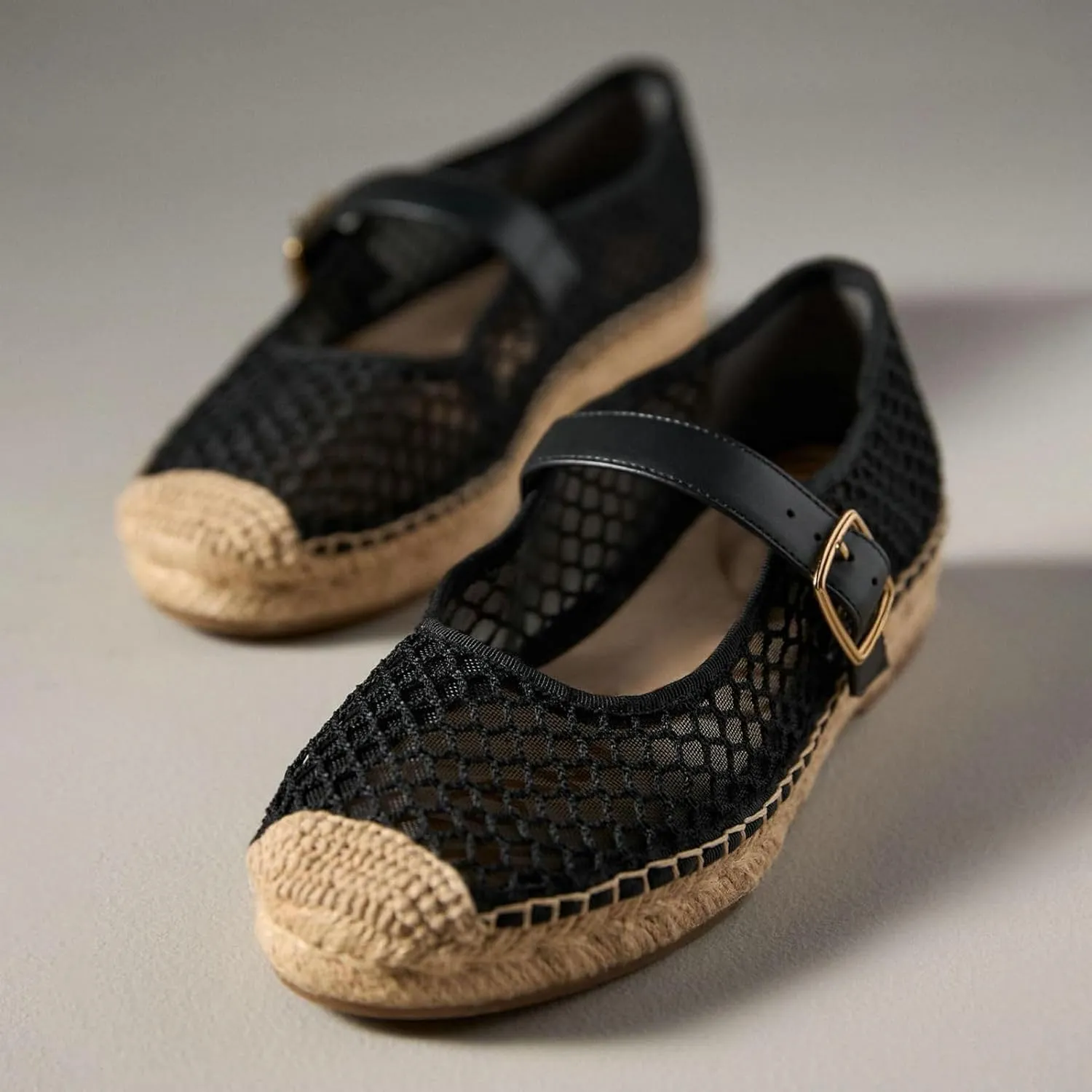 KysBloes Woven Platform Mary Janes Espadrille Flats for Women Wegde Mesh Ballet Flats Fishnet Buckle Strap Pumps Raffia Ballerina Shoes