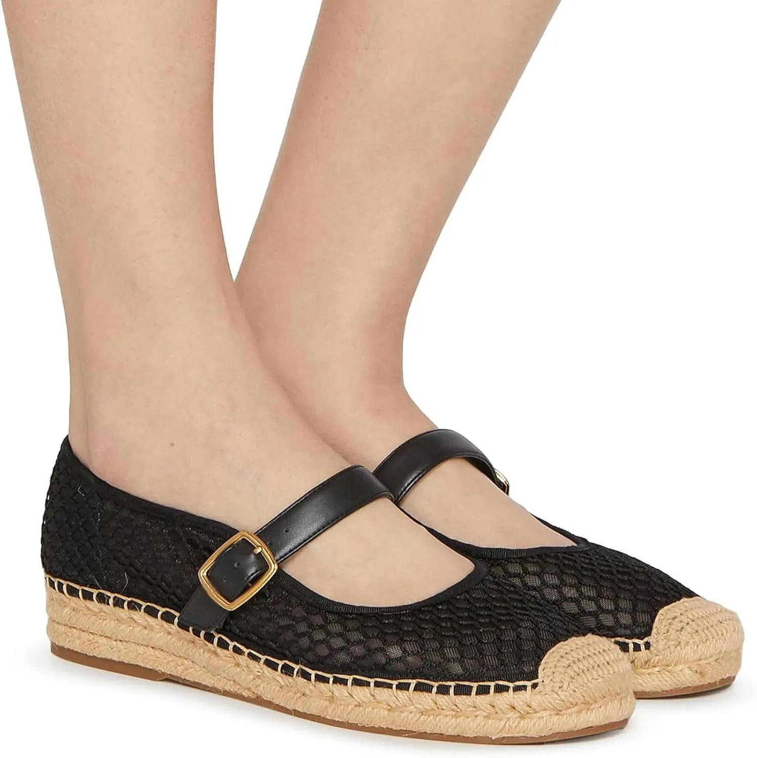 KysBloes Woven Platform Mary Janes Espadrille Flats for Women Wegde Mesh Ballet Flats Fishnet Buckle Strap Pumps Raffia Ballerina Shoes