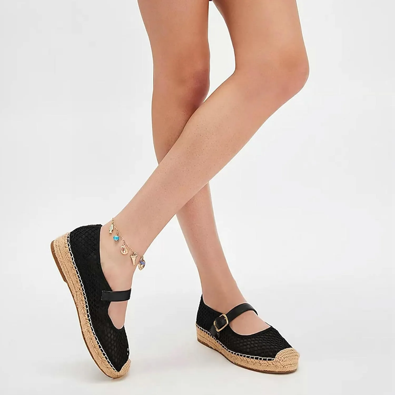 KysBloes Woven Platform Mary Janes Espadrille Flats for Women Wegde Mesh Ballet Flats Fishnet Buckle Strap Pumps Raffia Ballerina Shoes