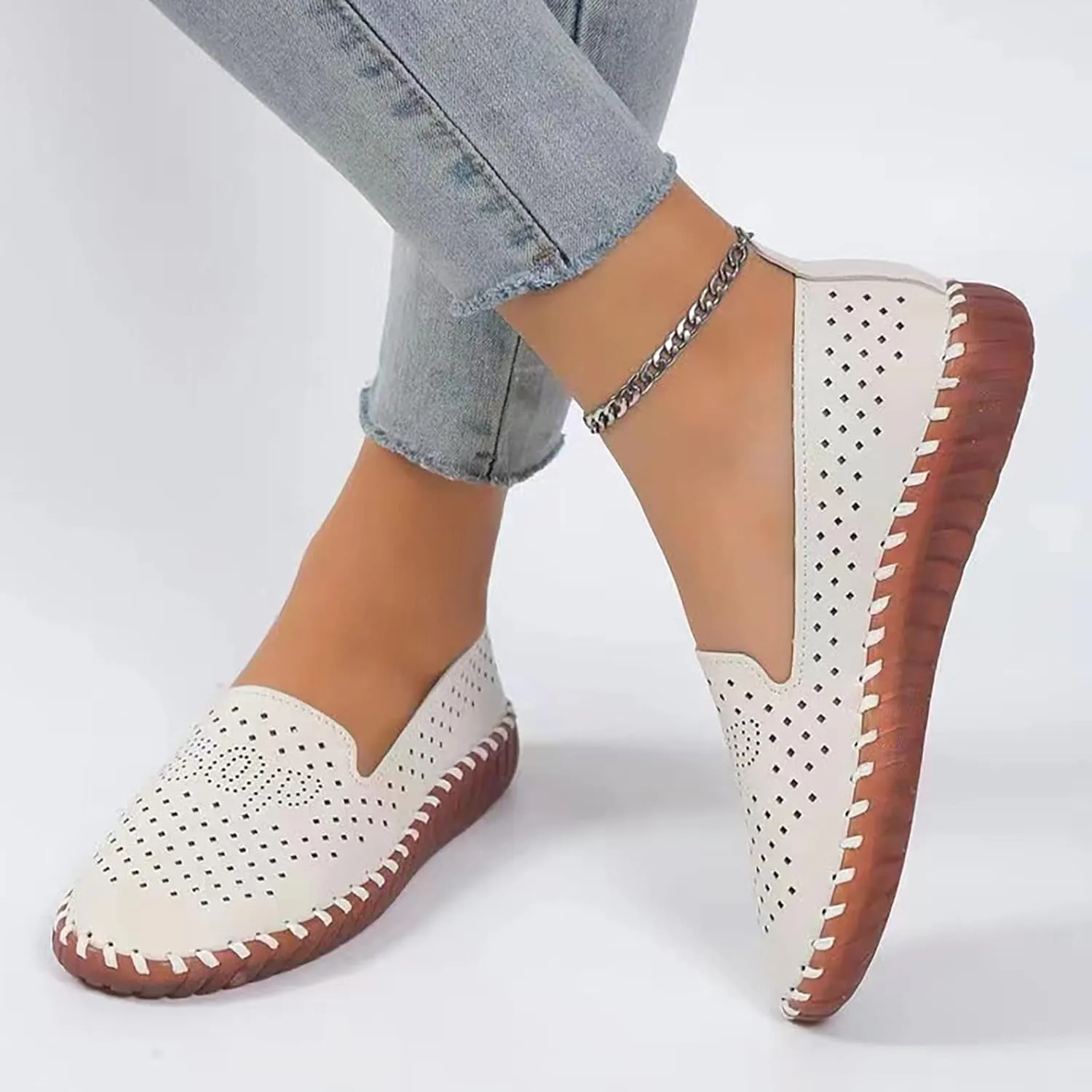 Ladies Summer Fashion Hollow Solid Colour Hand Stitched Oxblood Bottom Soft Bottom Women's Wedges Casual Shoes (Beige, 8.5)