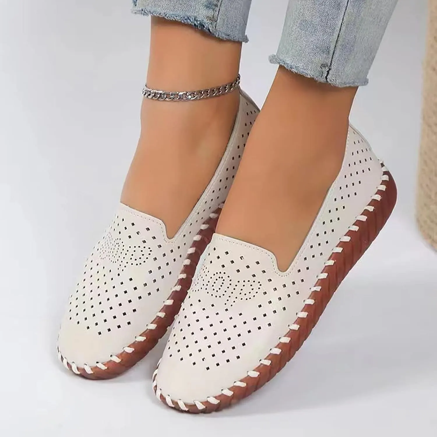 Ladies Summer Fashion Hollow Solid Colour Hand Stitched Oxblood Bottom Soft Bottom Women's Wedges Casual Shoes (Beige, 8.5)