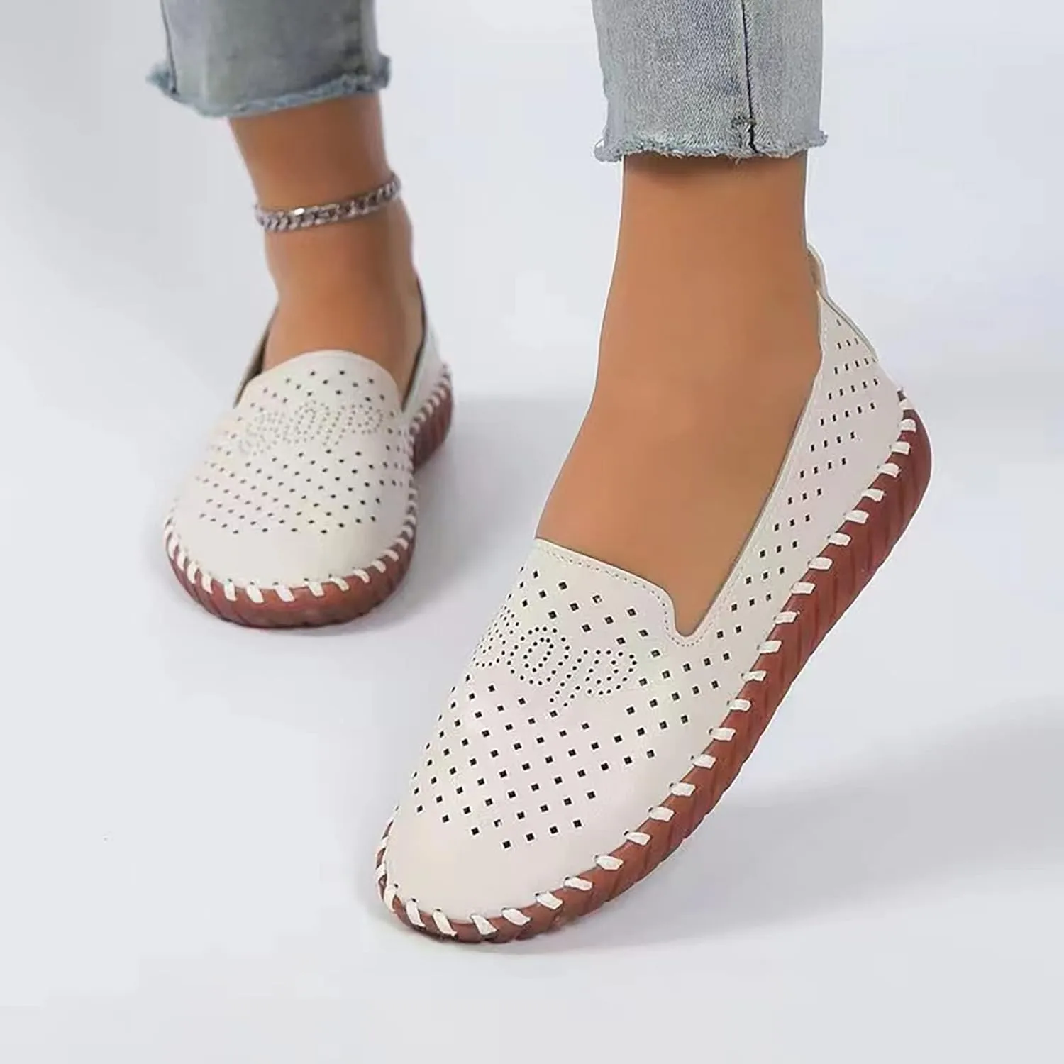 Ladies Summer Fashion Hollow Solid Colour Hand Stitched Oxblood Bottom Soft Bottom Women's Wedges Casual Shoes (Beige, 8.5)