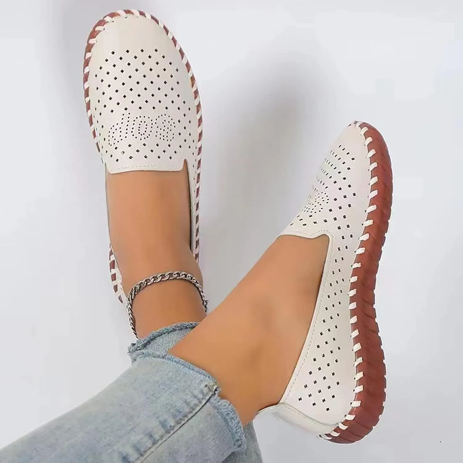 Ladies Summer Fashion Hollow Solid Colour Hand Stitched Oxblood Bottom Soft Bottom Women's Wedges Casual Shoes (Beige, 8.5)