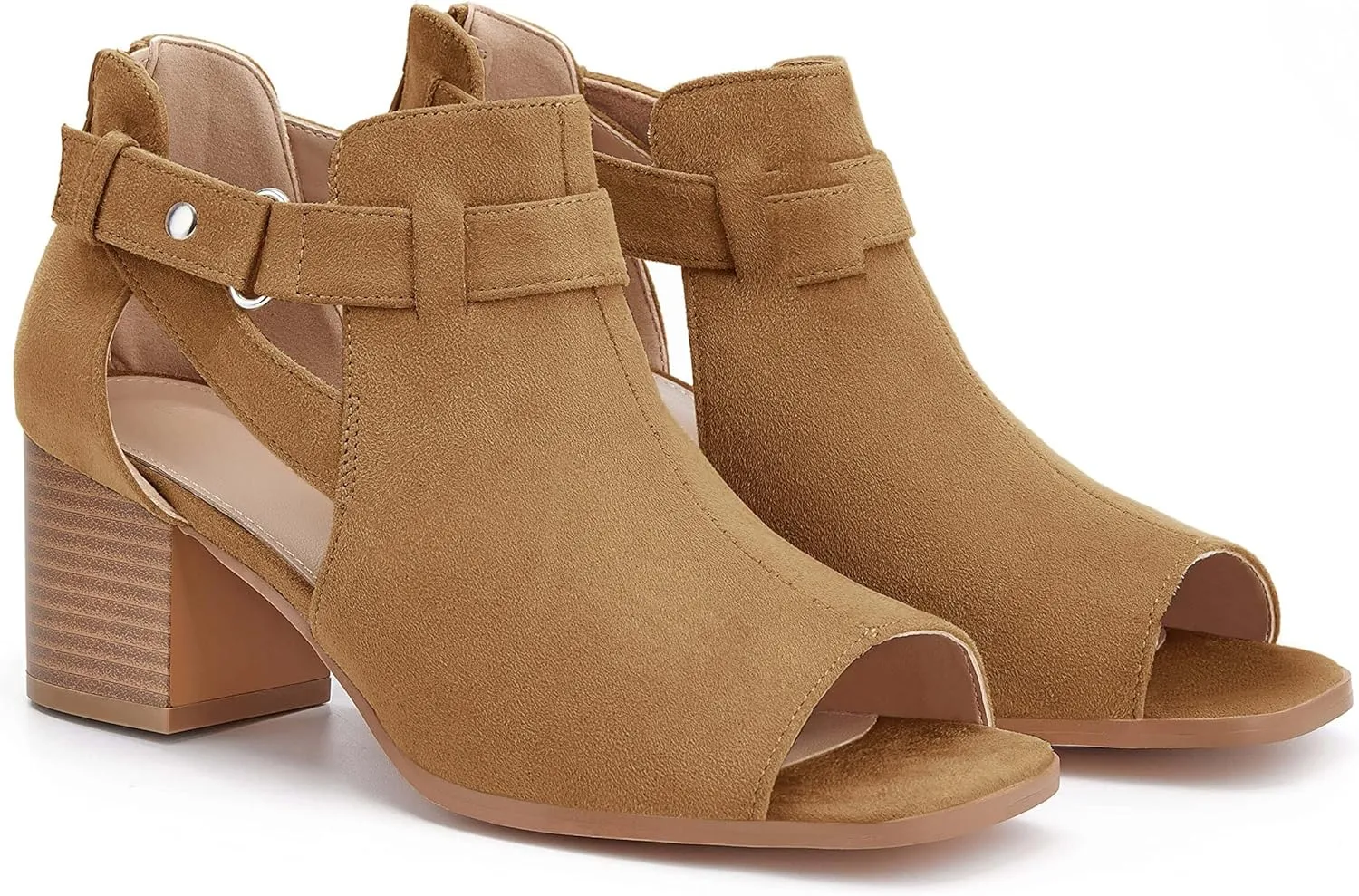 LAICIGO Womens Peep Toe Heels Chunky Heel Booties Open Toe Booty Cutout Dress Shoes with Back Zipper