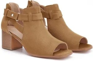 LAICIGO Womens Peep Toe Heels Chunky Heel Booties Open Toe Booty Cutout Dress Shoes with Back Zipper