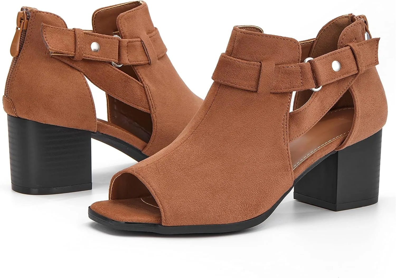 LAICIGO Womens Peep Toe Heels Chunky Heel Booties Open Toe Booty Cutout Dress Shoes with Back Zipper