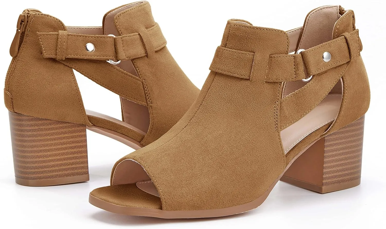 LAICIGO Womens Peep Toe Heels Chunky Heel Booties Open Toe Booty Cutout Dress Shoes with Back Zipper