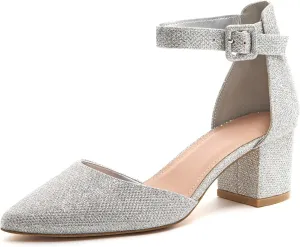 LAICIGO Women's Pointed Toe Pumps Ankle Strap Buckle Chunky Block Heel Dress D'Orsay Shoes