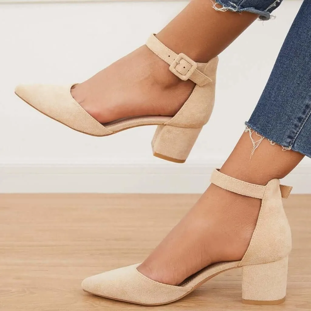 LAICIGO Women's Pointed Toe Pumps Ankle Strap Buckle Chunky Block Heel Dress D'Orsay Shoes