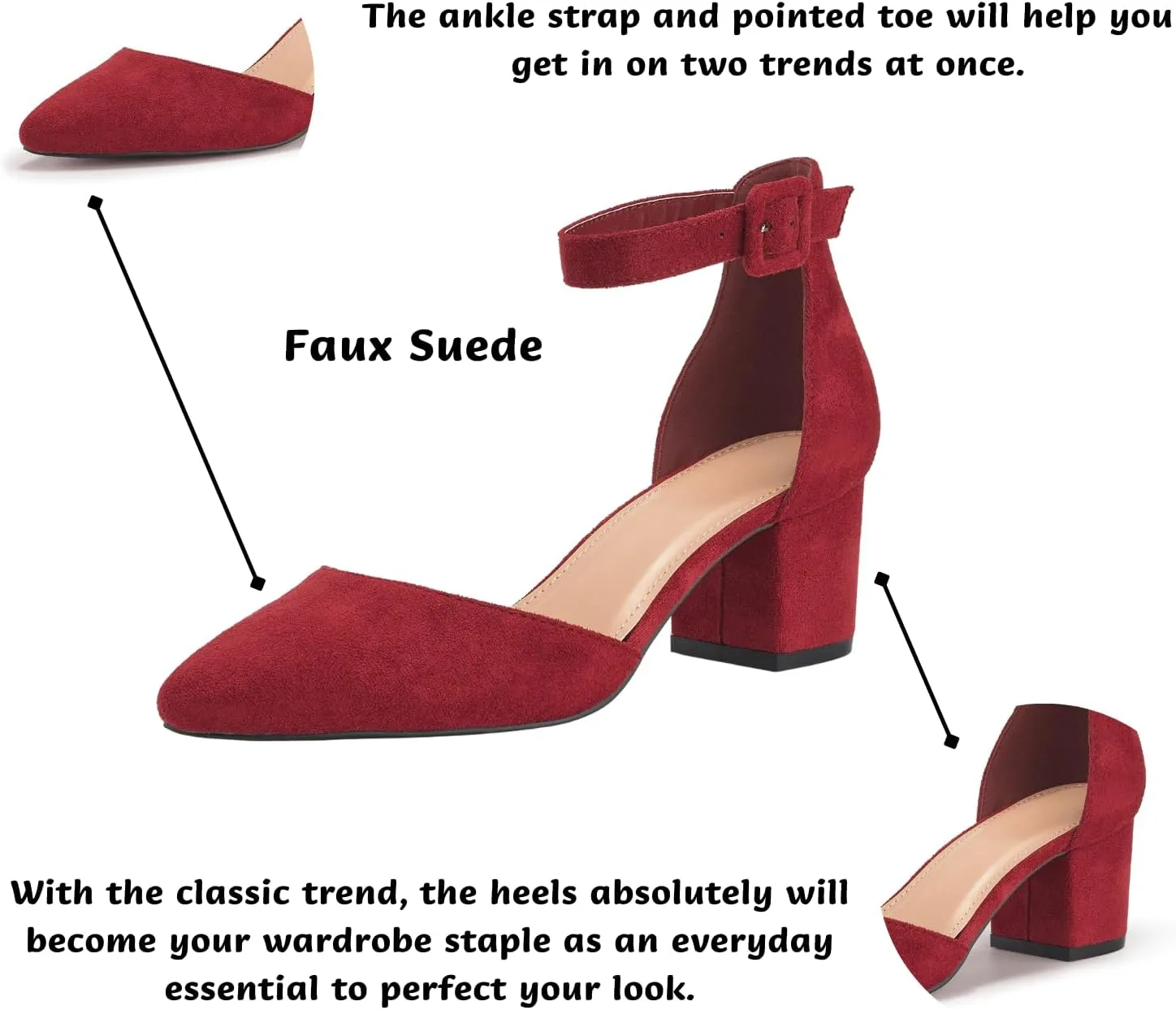 LAICIGO Women's Pointed Toe Pumps Ankle Strap Buckle Chunky Block Heel Dress D'Orsay Shoes