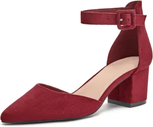 LAICIGO Women's Pointed Toe Pumps Ankle Strap Buckle Chunky Block Heel Dress D'Orsay Shoes