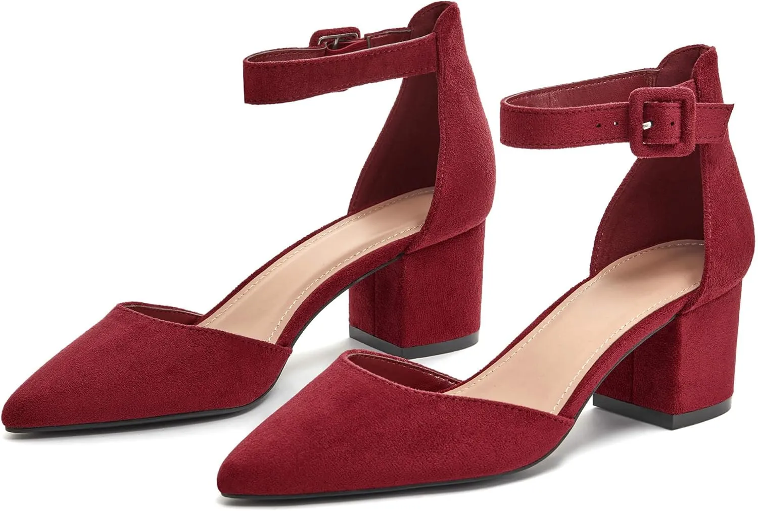LAICIGO Women's Pointed Toe Pumps Ankle Strap Buckle Chunky Block Heel Dress D'Orsay Shoes
