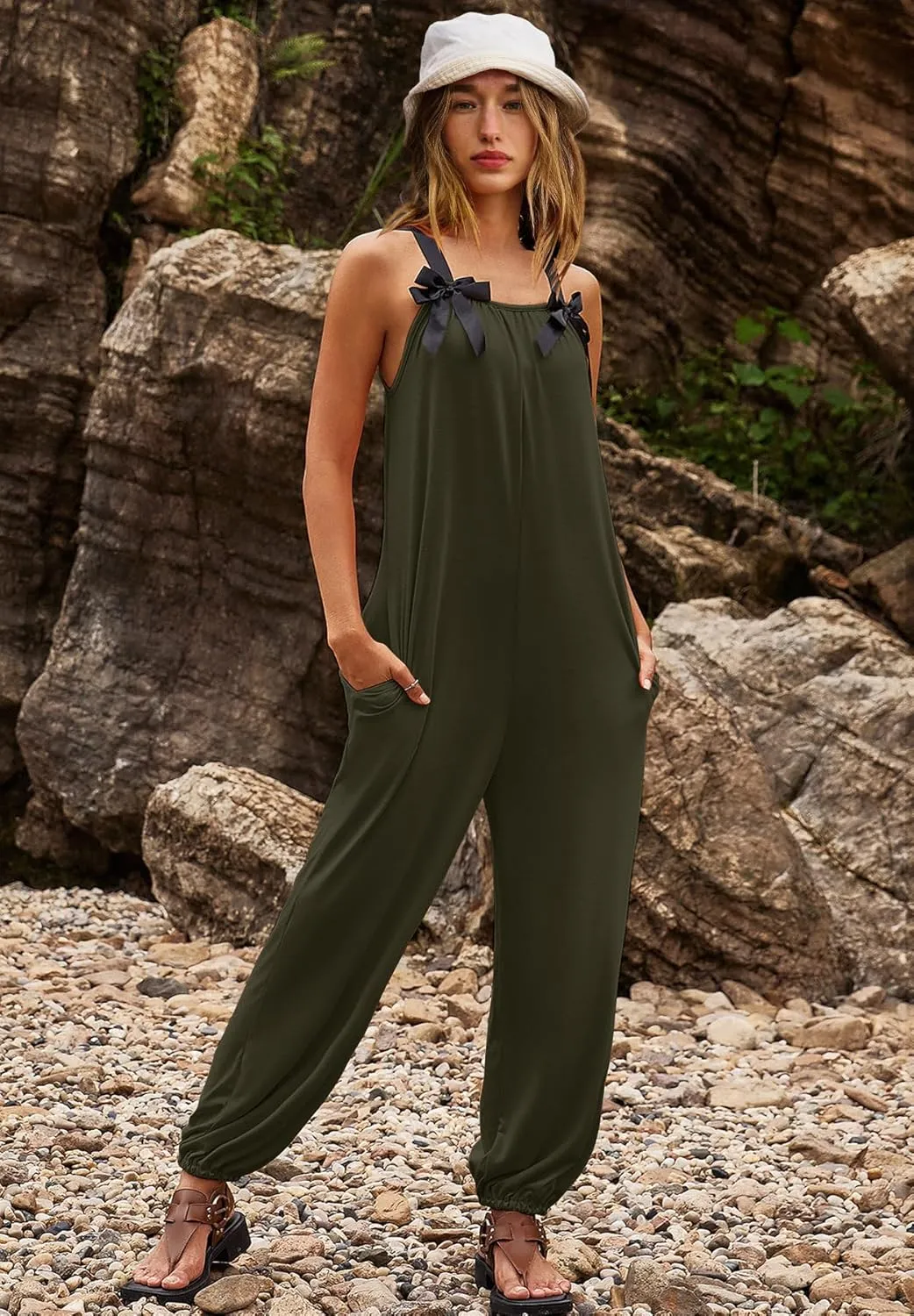 LAMISSCHE Wonens Plus Size Overalls Spaghetti Strap Baggy Romper Harem Wide Leg Jumpsuit With Pockets