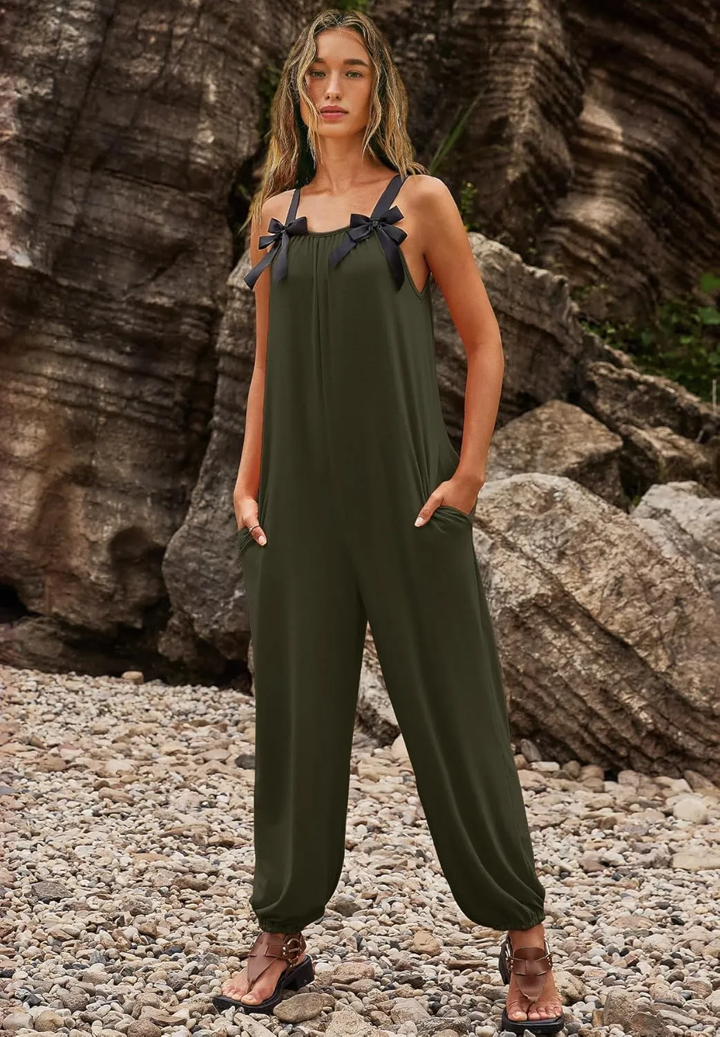 LAMISSCHE Wonens Plus Size Overalls Spaghetti Strap Baggy Romper Harem Wide Leg Jumpsuit With Pockets