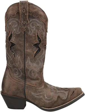 Laredo Womens Lucretia Tooled-Inlay Embroidery Studded Snip Toe Dress Boots Mid Calf Mid Heel 2-3" - Brown