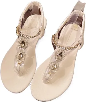 Large size Roman sandals women's 2025 new summer wear flat-bottomed rhinestone herringbone foot beach sandals