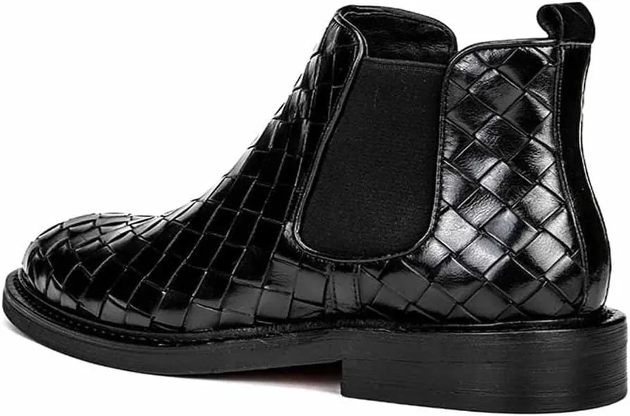 LAVAEGG Mens Chelsea Boots Leather Woven Slip on Dress Boots for Men Comfortable Ankle Casual Boots