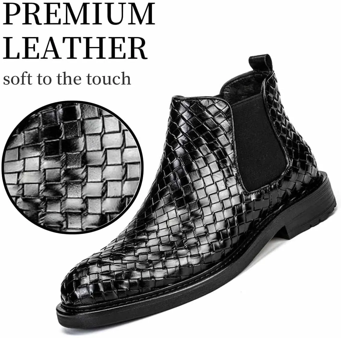 LAVAEGG Mens Chelsea Boots Leather Woven Slip on Dress Boots for Men Comfortable Ankle Casual Boots