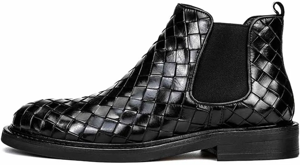 LAVAEGG Mens Chelsea Boots Leather Woven Slip on Dress Boots for Men Comfortable Ankle Casual Boots