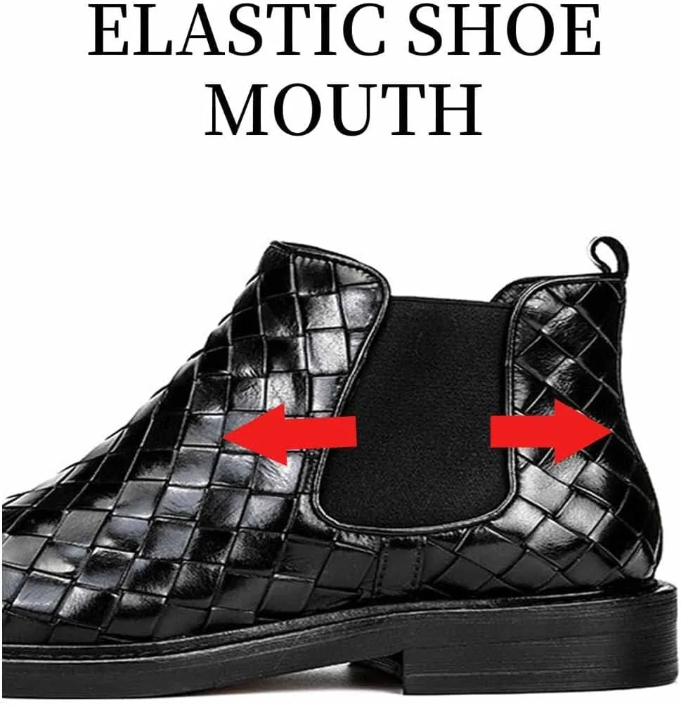 LAVAEGG Mens Chelsea Boots Leather Woven Slip on Dress Boots for Men Comfortable Ankle Casual Boots