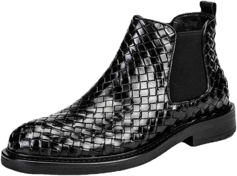 LAVAEGG Mens Chelsea Boots Leather Woven Slip on Dress Boots for Men Comfortable Ankle Casual Boots