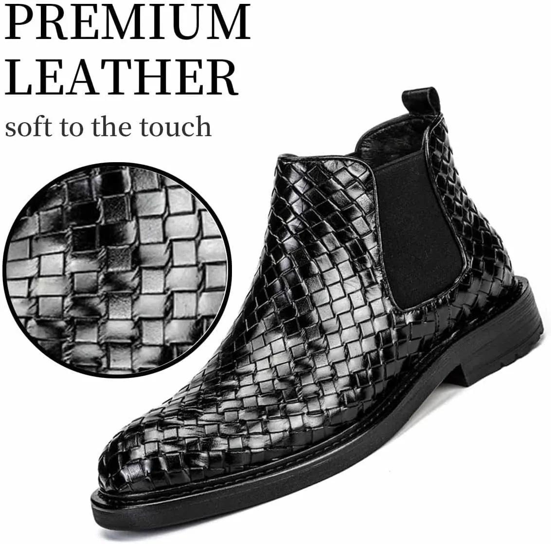 LAVAEGG Mens Chelsea Boots Leather Woven Slip on Dress Boots for Men Comfortable Ankle Casual Boots