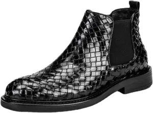 LAVAEGG Mens Chelsea Boots Leather Woven Slip on Dress Boots for Men Comfortable Ankle Casual Boots