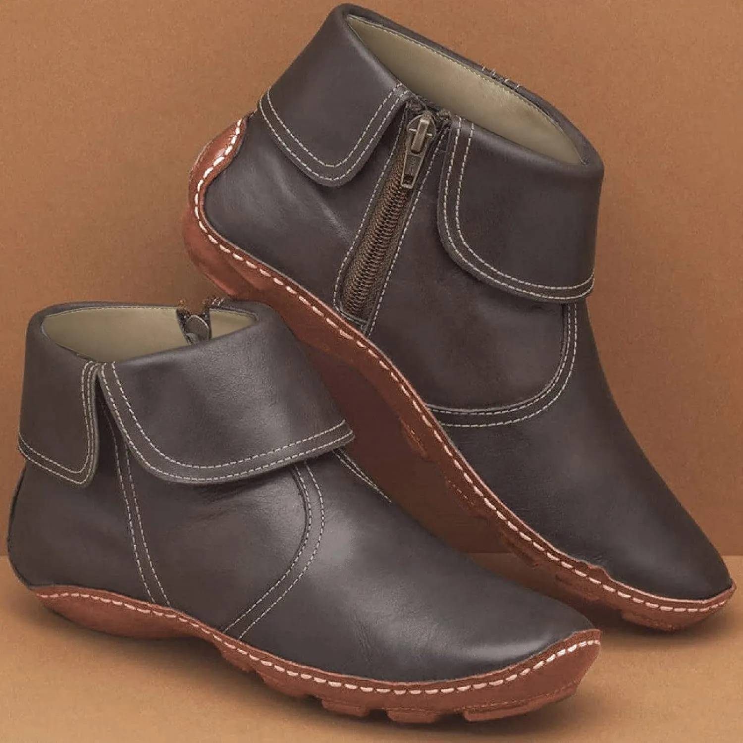 Leather Ankle Boots for Women Flat Heel Round Toe Booties Side Zip Vintage Boots Low Heel Arch Support Booties