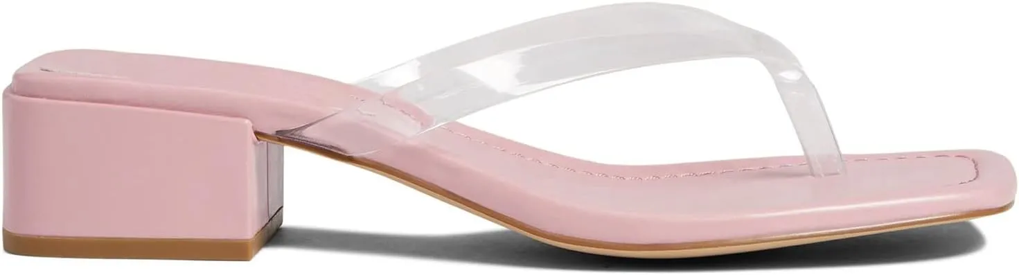 LEHOOR Women Chunky Heel Square Toe Flip Flops Comfort Slip On Heeled Thong Flip Flops 2 Inch Low Block Heel Dress Slippers Sandals Clear T-Strap Work Slides Casual Summer Beach Heels 4-11 M US