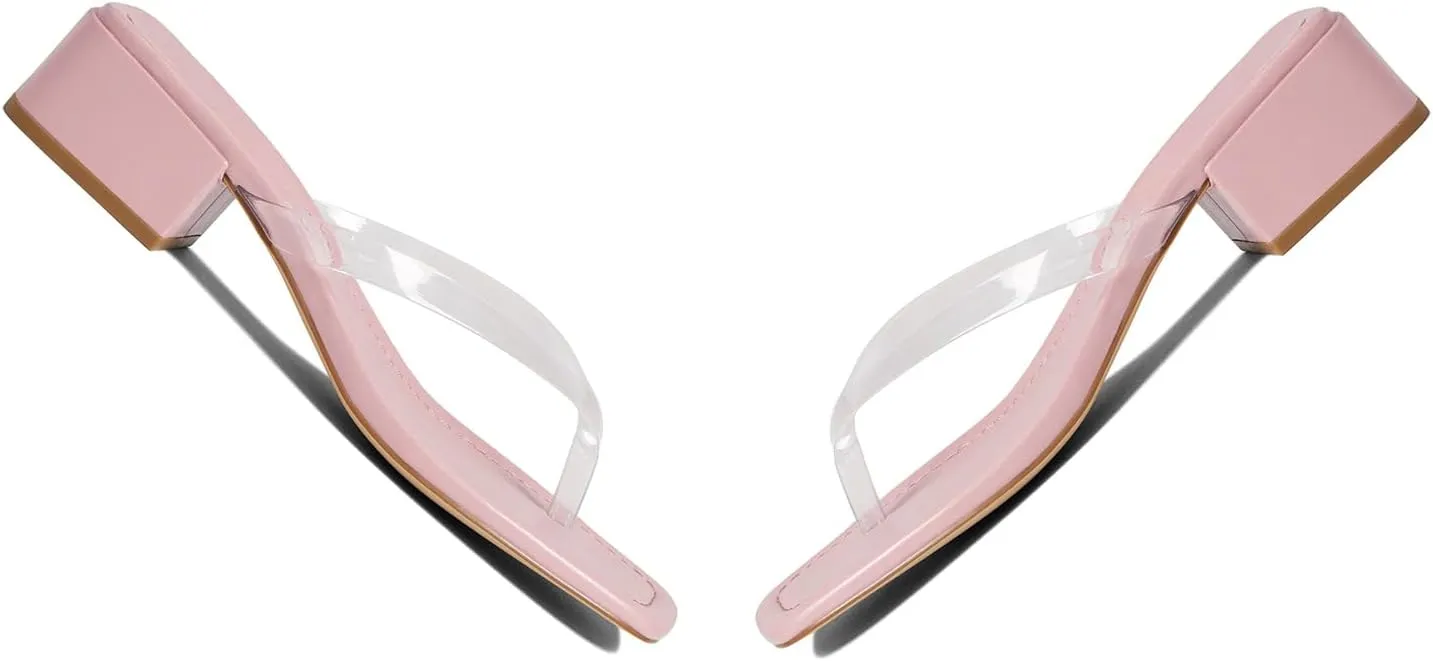 LEHOOR Women Chunky Heel Square Toe Flip Flops Comfort Slip On Heeled Thong Flip Flops 2 Inch Low Block Heel Dress Slippers Sandals Clear T-Strap Work Slides Casual Summer Beach Heels 4-11 M US
