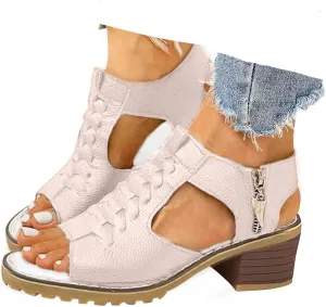 Libiyi Wedges Sandals for Women Dressy 2025, Open Toe Cutout Zipper Chunky Heeled New Hollow Fish Mouth Slip on Summer Beach Boho Comfortable Sandals Outdoor Shoes