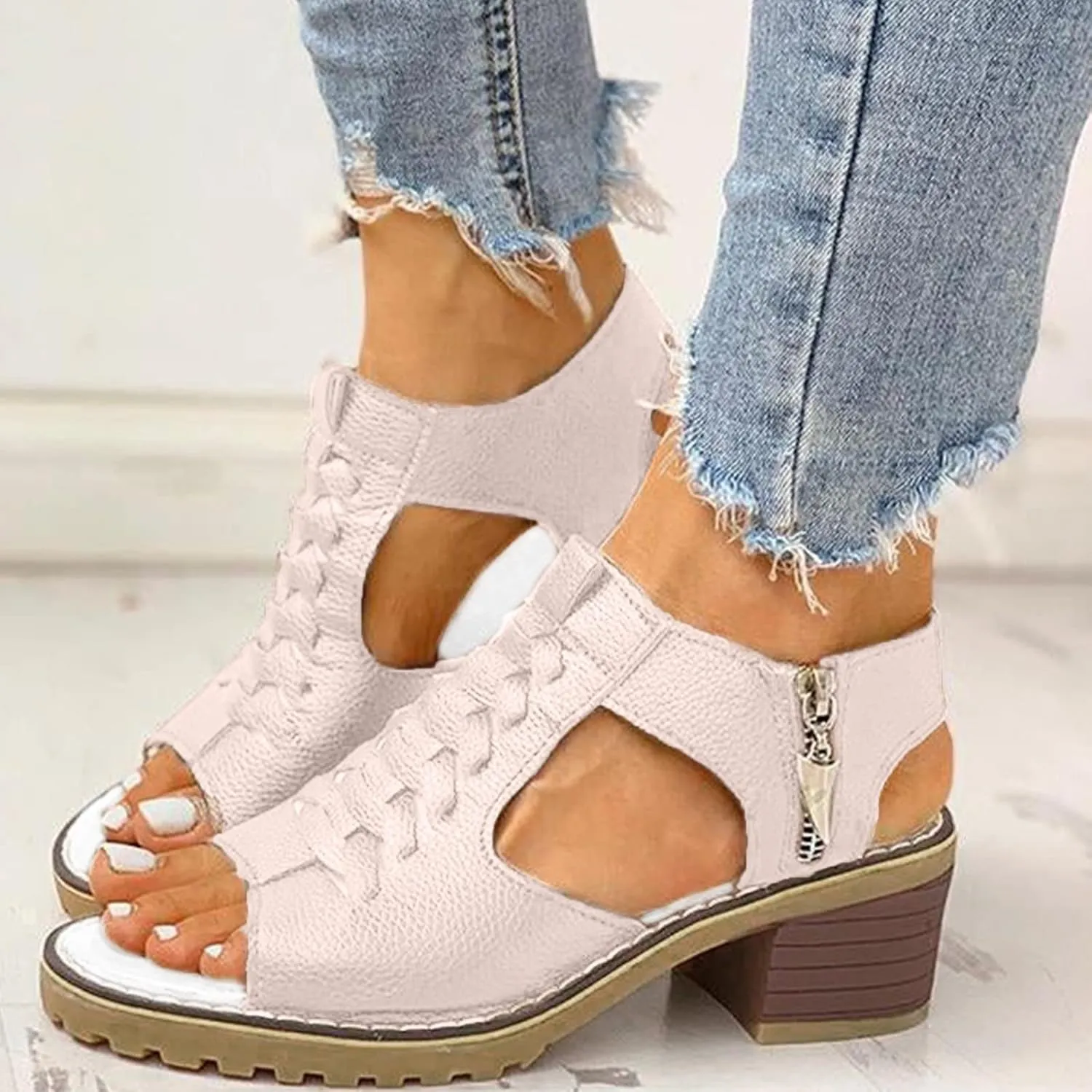 Libiyi Wedges Sandals for Women Dressy 2025, Open Toe Cutout Zipper Chunky Heeled New Hollow Fish Mouth Slip on Summer Beach Boho Comfortable Sandals Outdoor Shoes