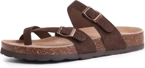 Litfun Women's Genuine Suede Cork Footbed Sandals Comfortable Summer Slides with Adjustable Buckle