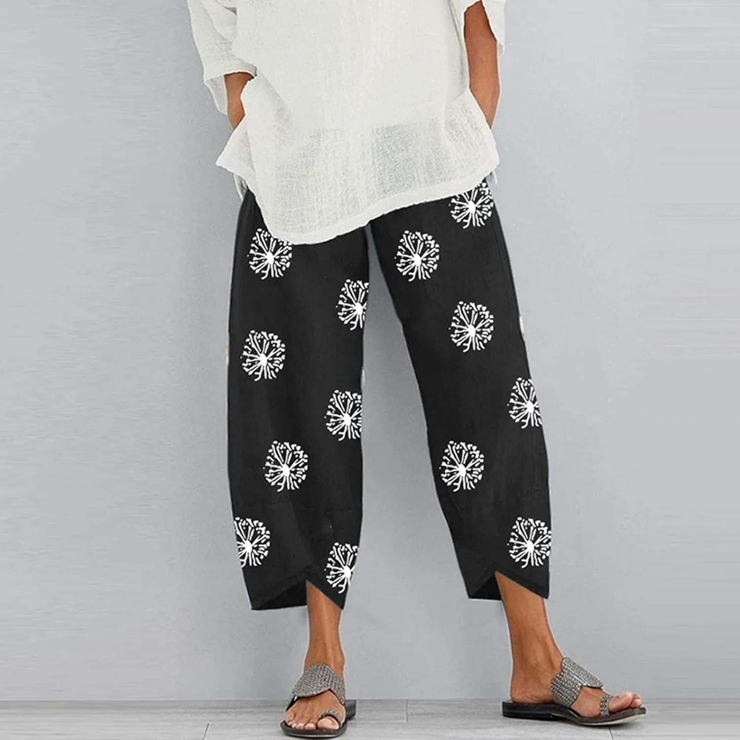 LOAIHA Cotton Linen Casual Summer Capri Pants Printed Cropped Comfy Baggy Trousers with Pockets Palazzo Lounge Pants