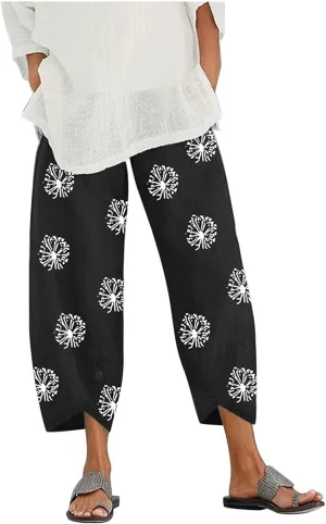 LOAIHA Cotton Linen Casual Summer Capri Pants Printed Cropped Comfy Baggy Trousers with Pockets Palazzo Lounge Pants