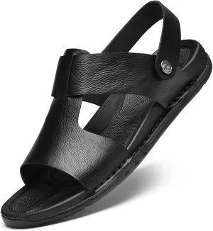 Lossarye Men's Leather Open toe Flat Sandals Summer Adjustable Dual-Use Ankle Straps Soft Arch Support Sandals Casual Non-Slip Slip On Beach Sandals