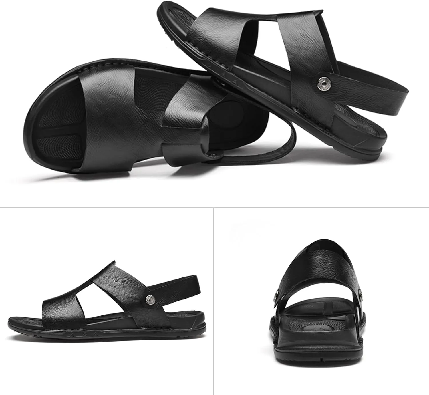 Lossarye Men's Leather Open toe Flat Sandals Summer Adjustable Dual-Use Ankle Straps Soft Arch Support Sandals Casual Non-Slip Slip On Beach Sandals