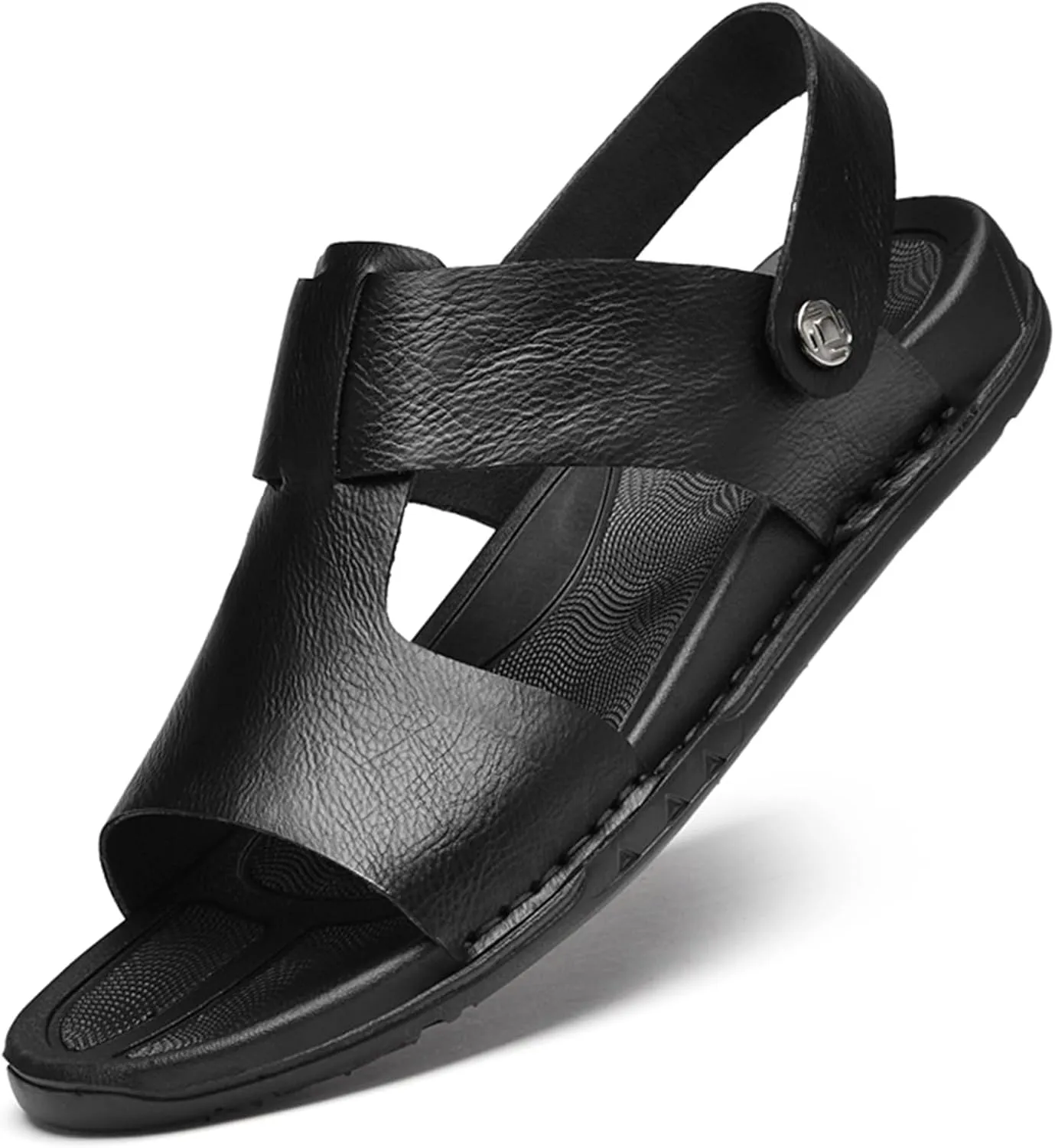 Lossarye Men's Leather Open toe Flat Sandals Summer Adjustable Dual-Use Ankle Straps Soft Arch Support Sandals Casual Non-Slip Slip On Beach Sandals