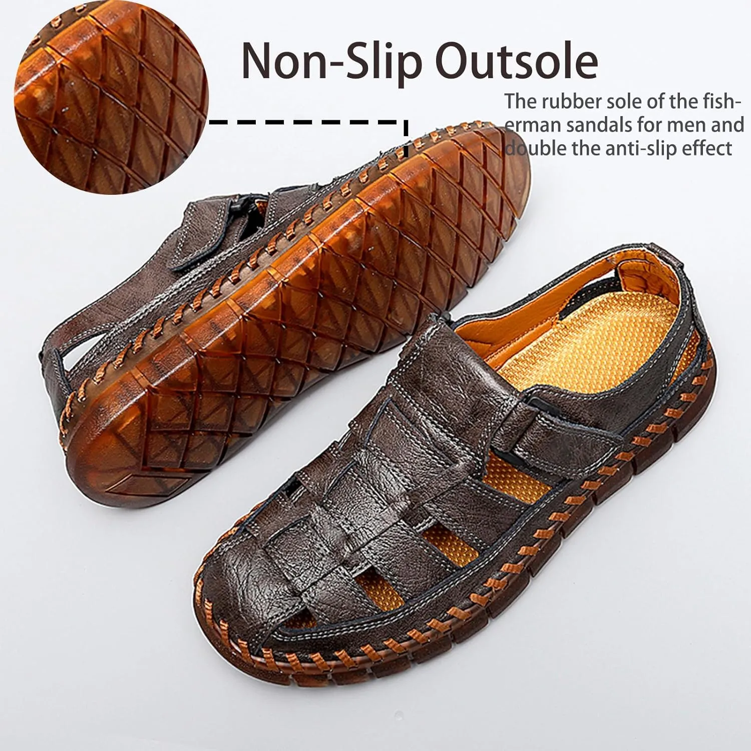 MAIZUN Men's Sandals Closed Toe Outdoor Leather Sandals Hiking Waterproof Athletic Fisherman Sandals Summer Adjustable Beach Water Sandals