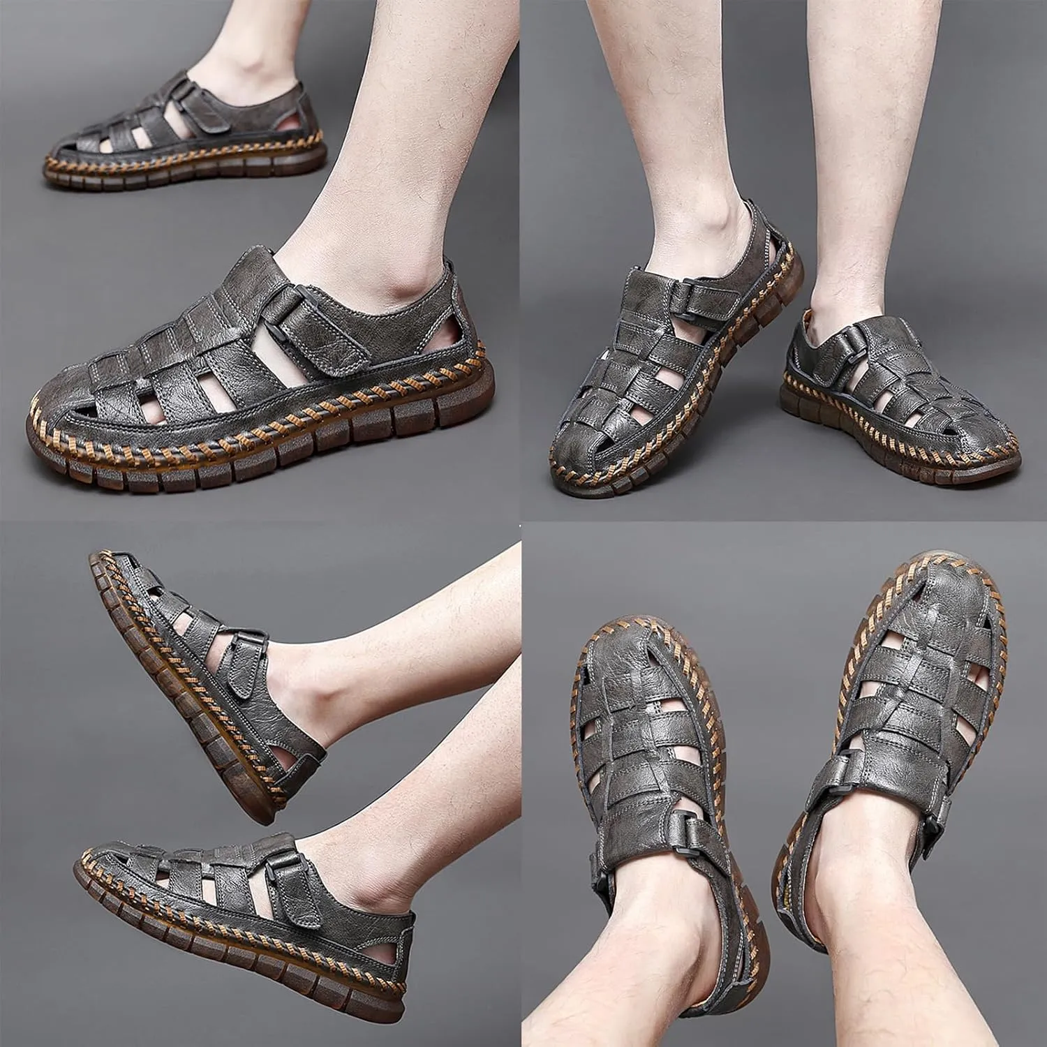 MAIZUN Men's Sandals Closed Toe Outdoor Leather Sandals Hiking Waterproof Athletic Fisherman Sandals Summer Adjustable Beach Water Sandals