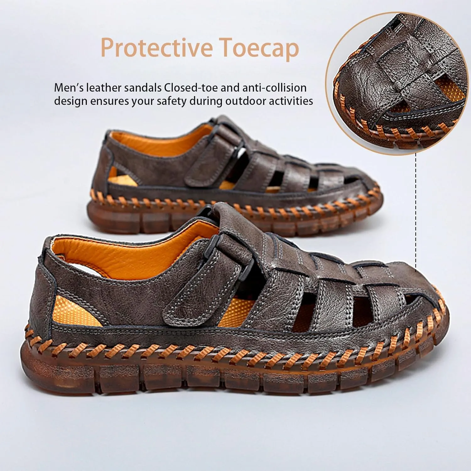 MAIZUN Men's Sandals Closed Toe Outdoor Leather Sandals Hiking Waterproof Athletic Fisherman Sandals Summer Adjustable Beach Water Sandals