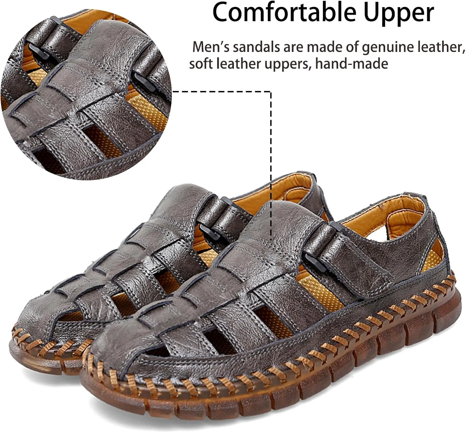 MAIZUN Men's Sandals Closed Toe Outdoor Leather Sandals Hiking Waterproof Athletic Fisherman Sandals Summer Adjustable Beach Water Sandals