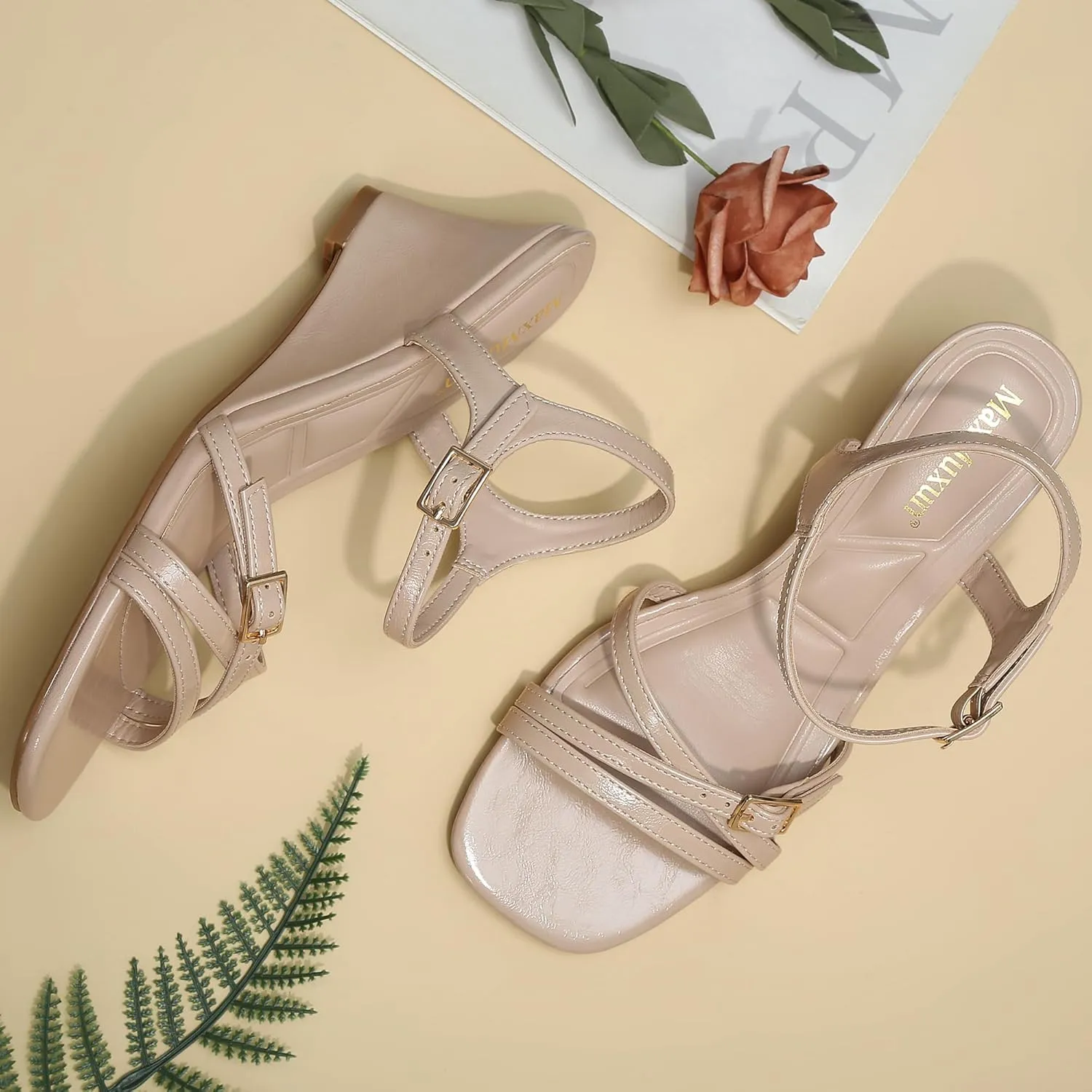 MaxMuxun Womens Wedge Sandals 2025 Square Toe Strappy Sandals 2.75 Inch Wedges Heels Dress Shoes for Women